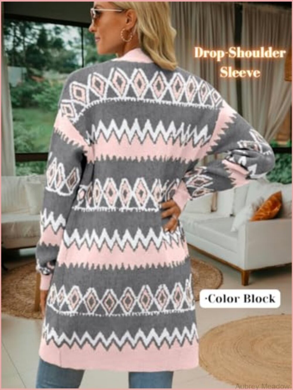 Aztec Print Long Cardigan, Open Front Knit Sweater, Lightweight - Picture 2 of 7